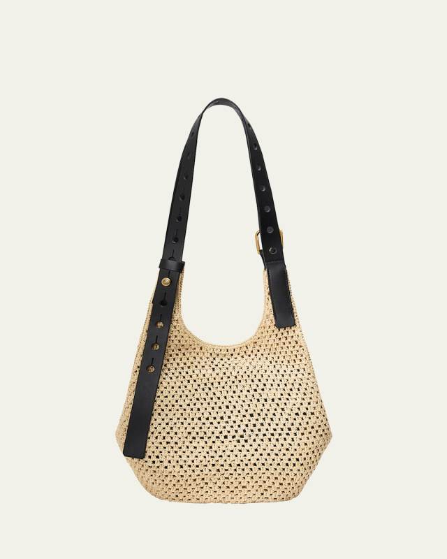 x Paula's Ibiza Small Punch Hole Hobo Bag in Raffia and Leather